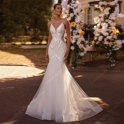 Elegant Lace Applique Mermaid Wedding Dress with V-Neck & Sheer Details