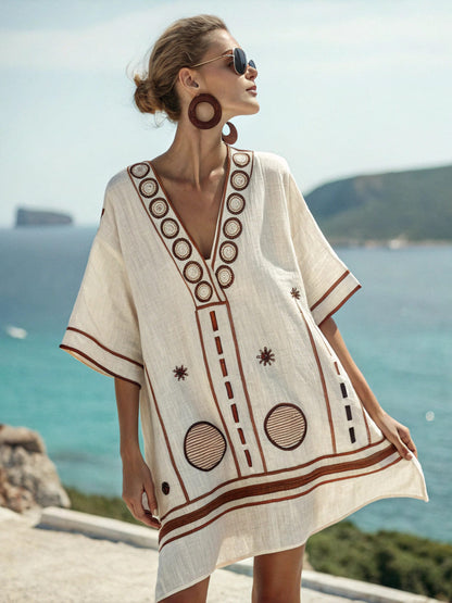 Floral Print V-Neck Boho Umbrella Dress Loose Fit Nine-Quarter Sleeve Casual Wear