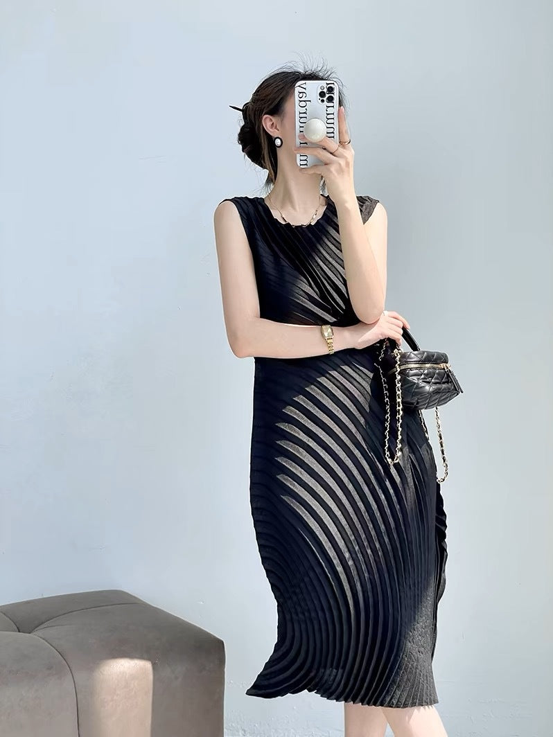 Miyake Pleated Women's High Quality Water Annual Ring Pleated Curvature Dress Daily Versatile Commuter Fashion Sleeveless Long Skirt