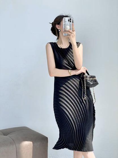 Miyake Pleated Women's High Quality Water Annual Ring Pleated Curvature Dress Daily Versatile Commuter Fashion Sleeveless Long Skirt