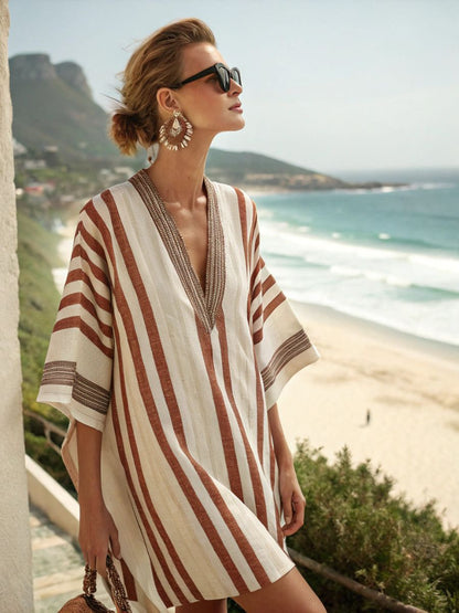 Floral Print V-Neck Boho Umbrella Dress Loose Fit Nine-Quarter Sleeve Casual Wear