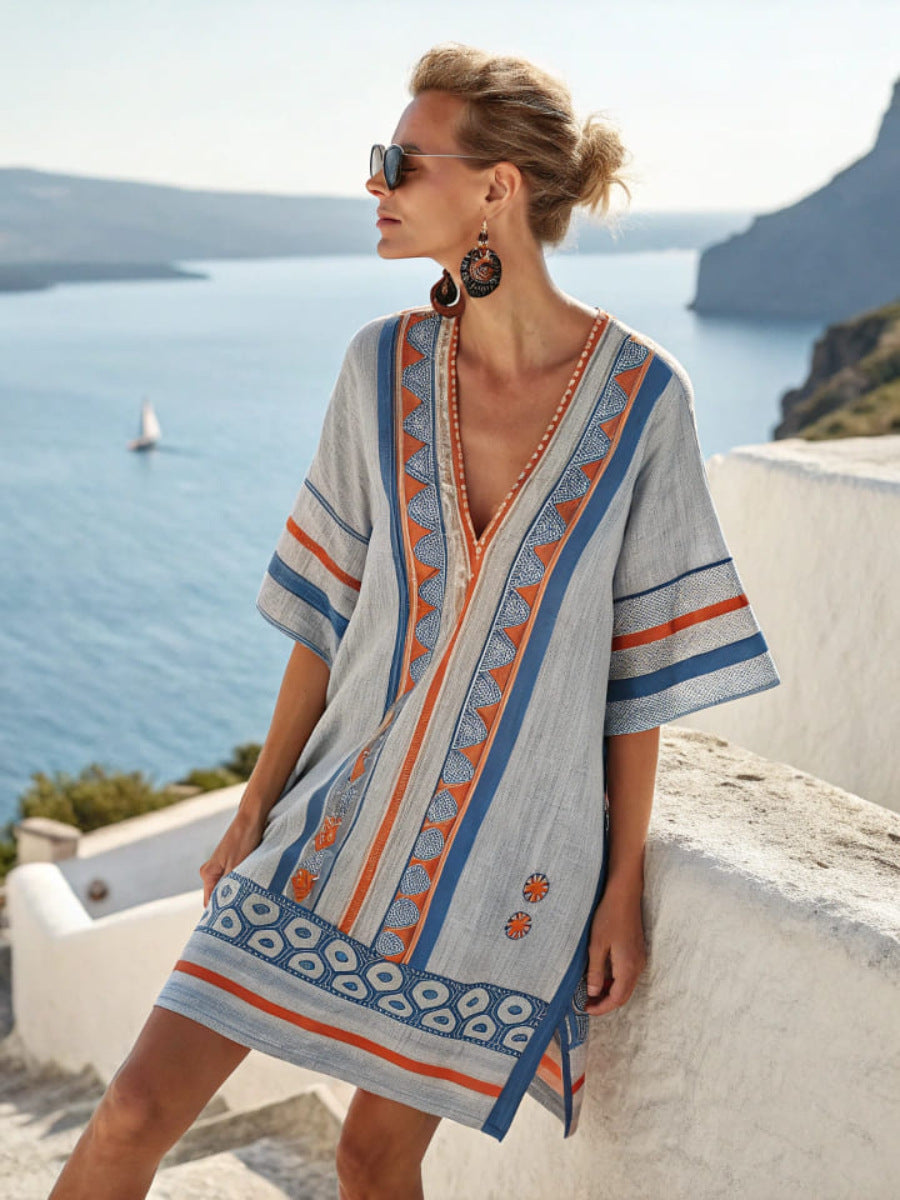 Floral Print V-Neck Boho Umbrella Dress Loose Fit Nine-Quarter Sleeve Casual Wear