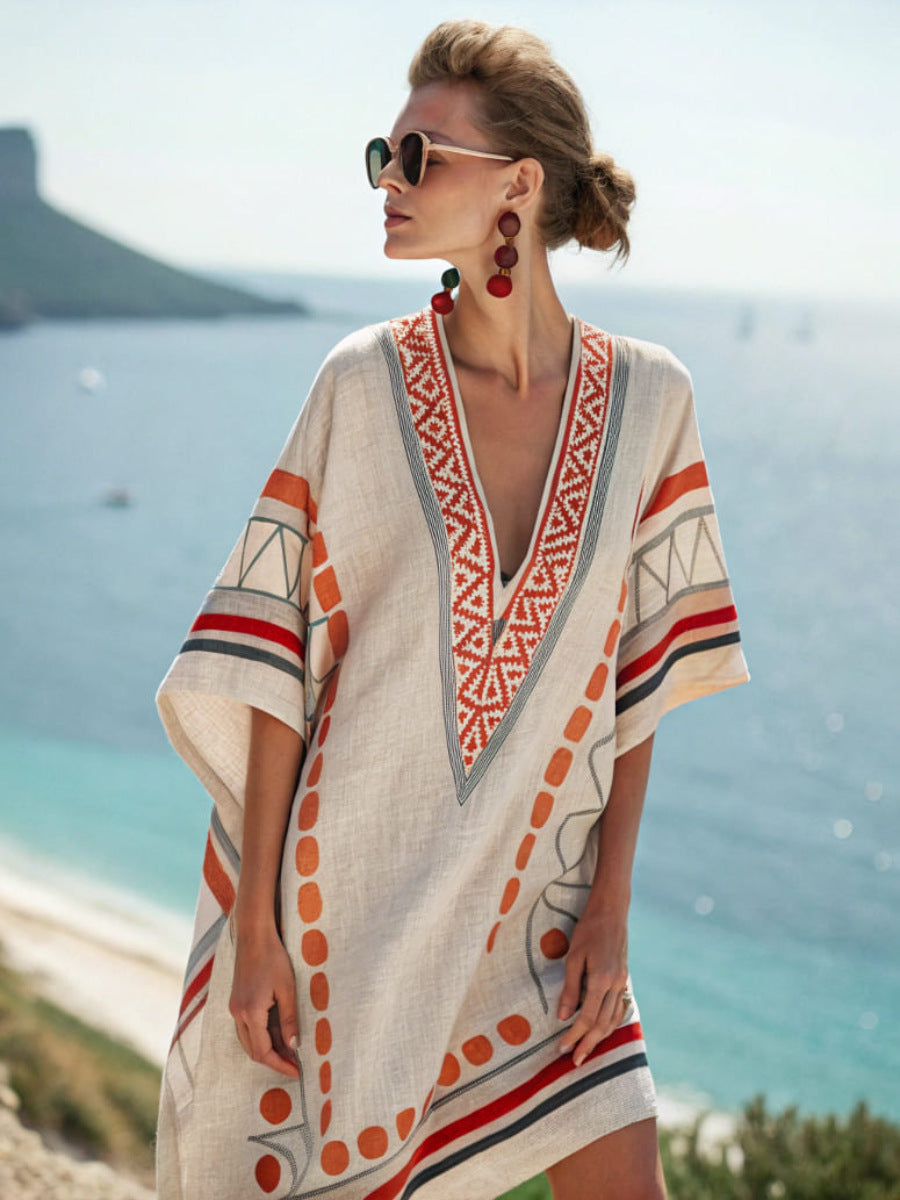 Floral Print V-Neck Boho Umbrella Dress Loose Fit Nine-Quarter Sleeve Casual Wear