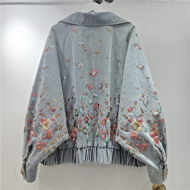 Retro Floral Sequin Denim Jacket