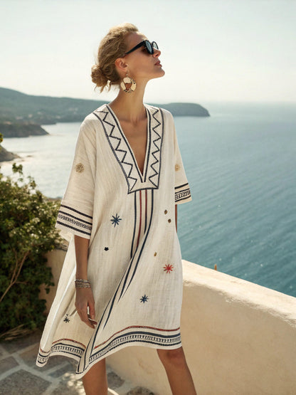 Floral Print V-Neck Boho Umbrella Dress Loose Fit Nine-Quarter Sleeve Casual Wear