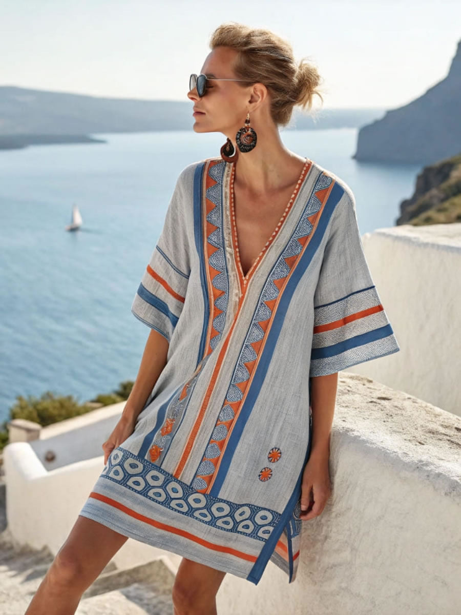 Floral Print V-Neck Boho Umbrella Dress Loose Fit Nine-Quarter Sleeve Casual Wear
