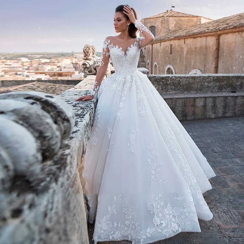 Classic Long Sleeve 3D Lace Wedding Dress – Pure White & Ivory Floor-Length Bridal Gown