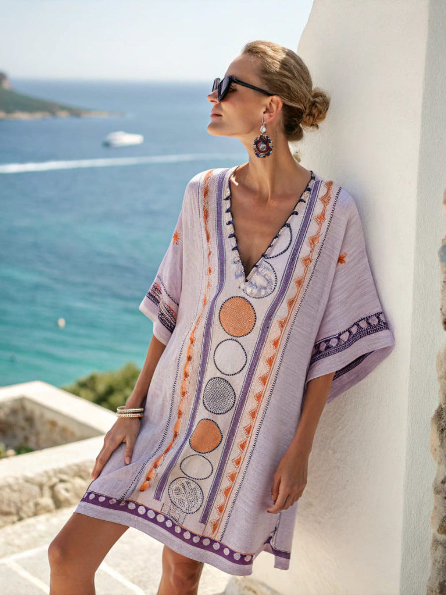 Floral Print V-Neck Boho Umbrella Dress Loose Fit Nine-Quarter Sleeve Casual Wear