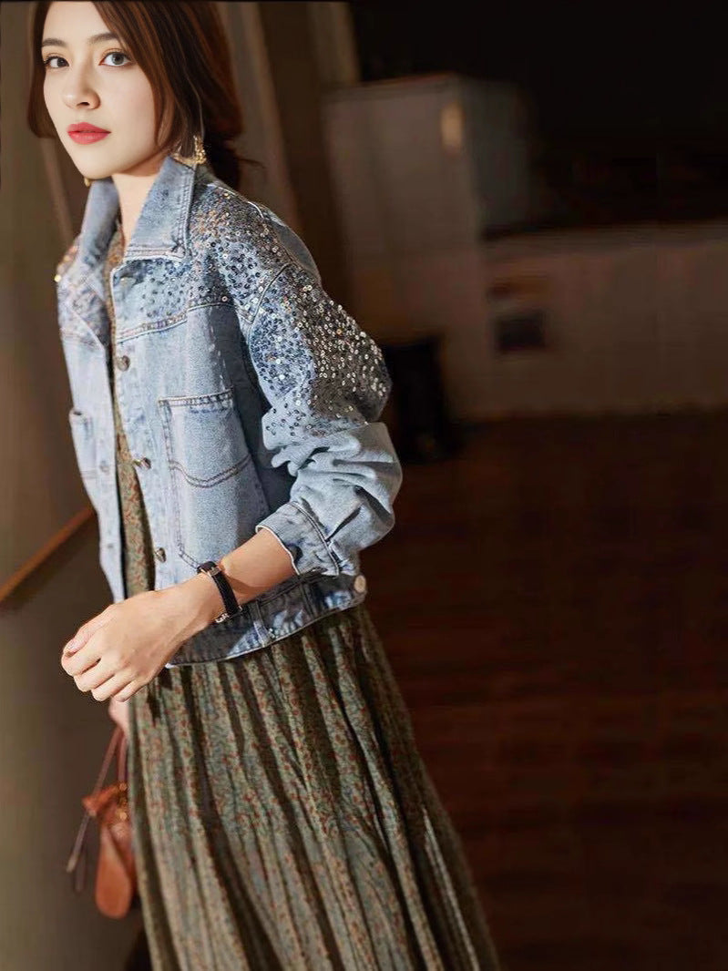 Foreign Trade Southeast Asia Spring/Summer New Fashion Sequin Denim Jacket for Women, Europe Station Short Loose Jacket Top Trendy
