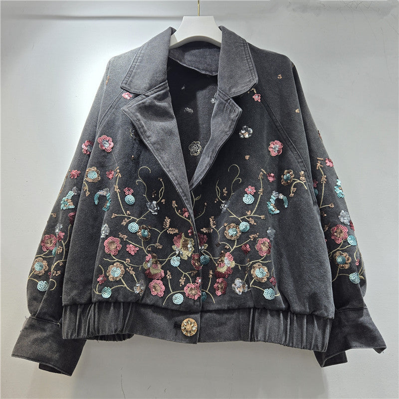 Retro Floral Sequin Denim Jacket