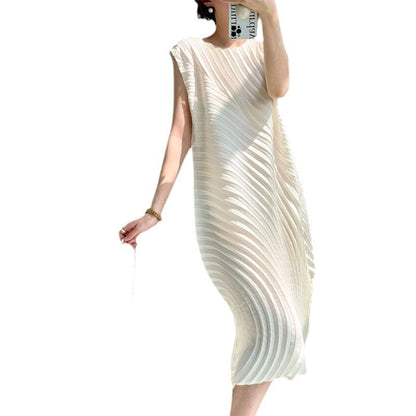 Miyake Pleated Women's High Quality Water Annual Ring Pleated Curvature Dress Daily Versatile Commuter Fashion Sleeveless Long Skirt