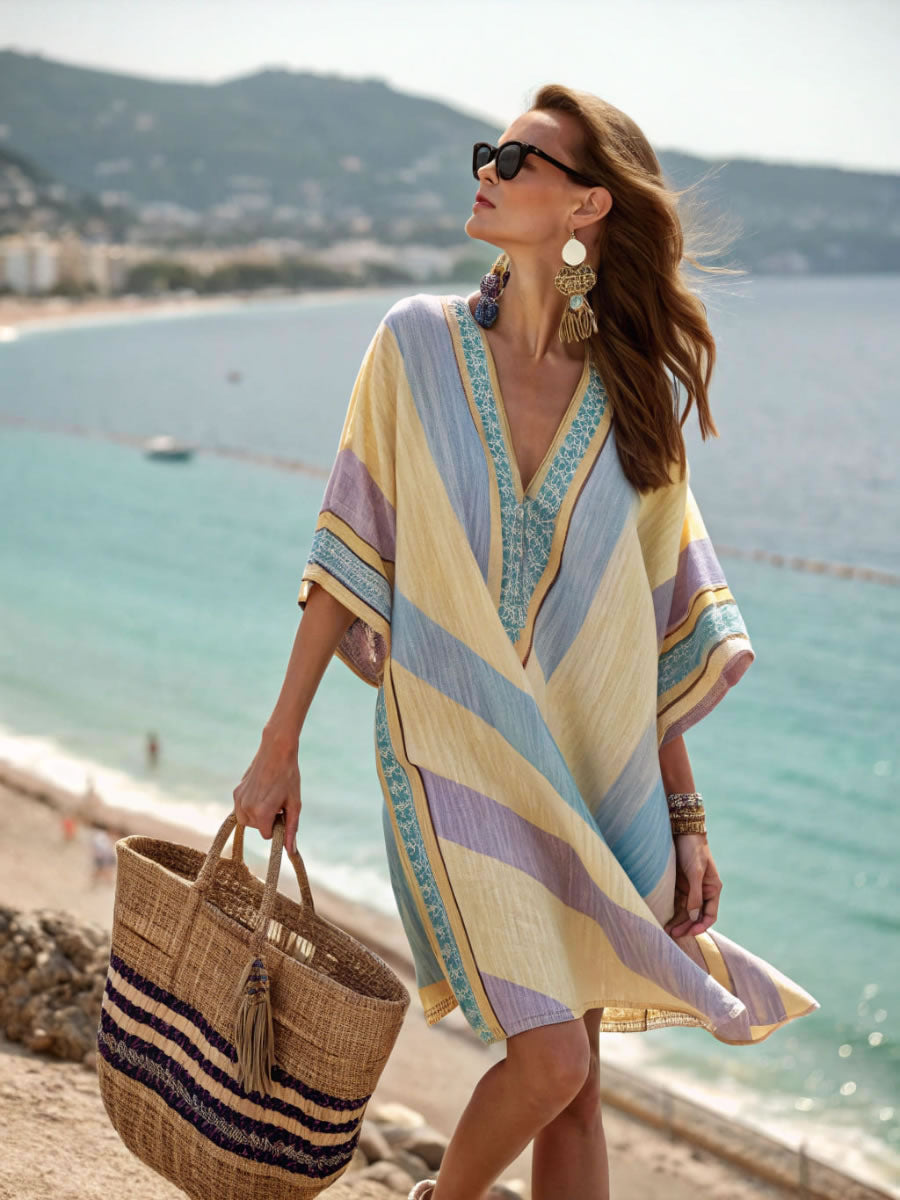 Floral Print V-Neck Boho Umbrella Dress Loose Fit Nine-Quarter Sleeve Casual Wear