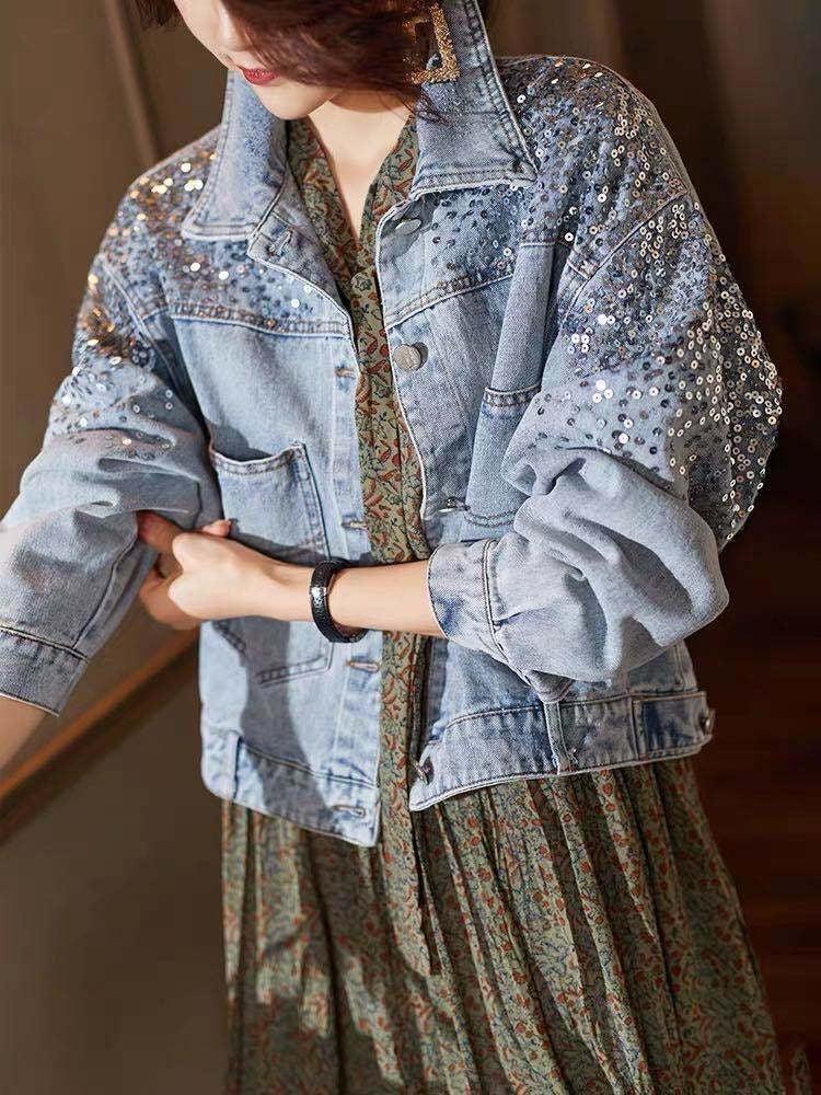 Foreign Trade Southeast Asia Spring/Summer New Fashion Sequin Denim Jacket for Women, Europe Station Short Loose Jacket Top Trendy