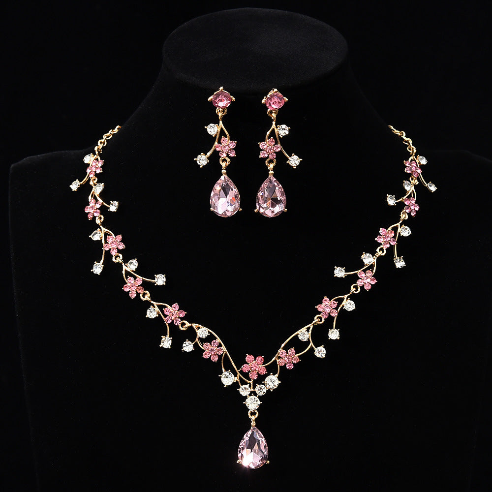 New fashion temperament flower zircon super flash necklace earring set bridal dress necklace jewelry in stock wholesale