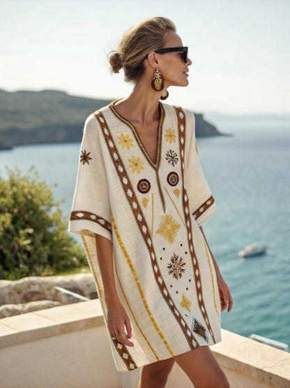 Floral Print V-Neck Boho Umbrella Dress Loose Fit Nine-Quarter Sleeve Casual Wear