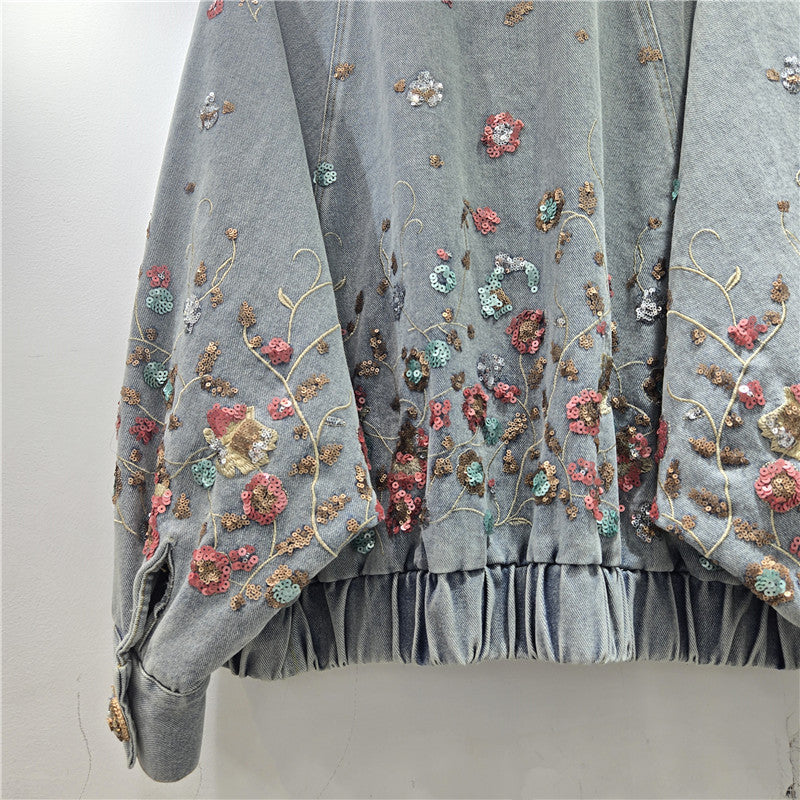 Retro Floral Sequin Denim Jacket