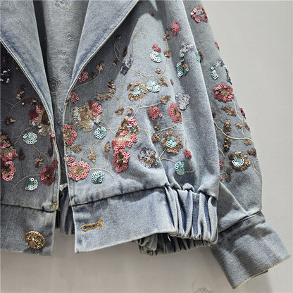 Retro Floral Sequin Denim Jacket