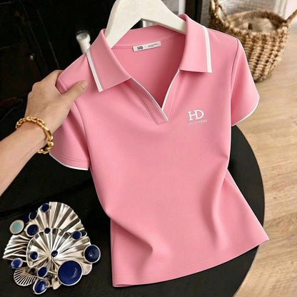 High-quality summer trendy turn-down collar short-sleeve T-shirt women's 2026 new minimalist, chic, youthful top T-shirt