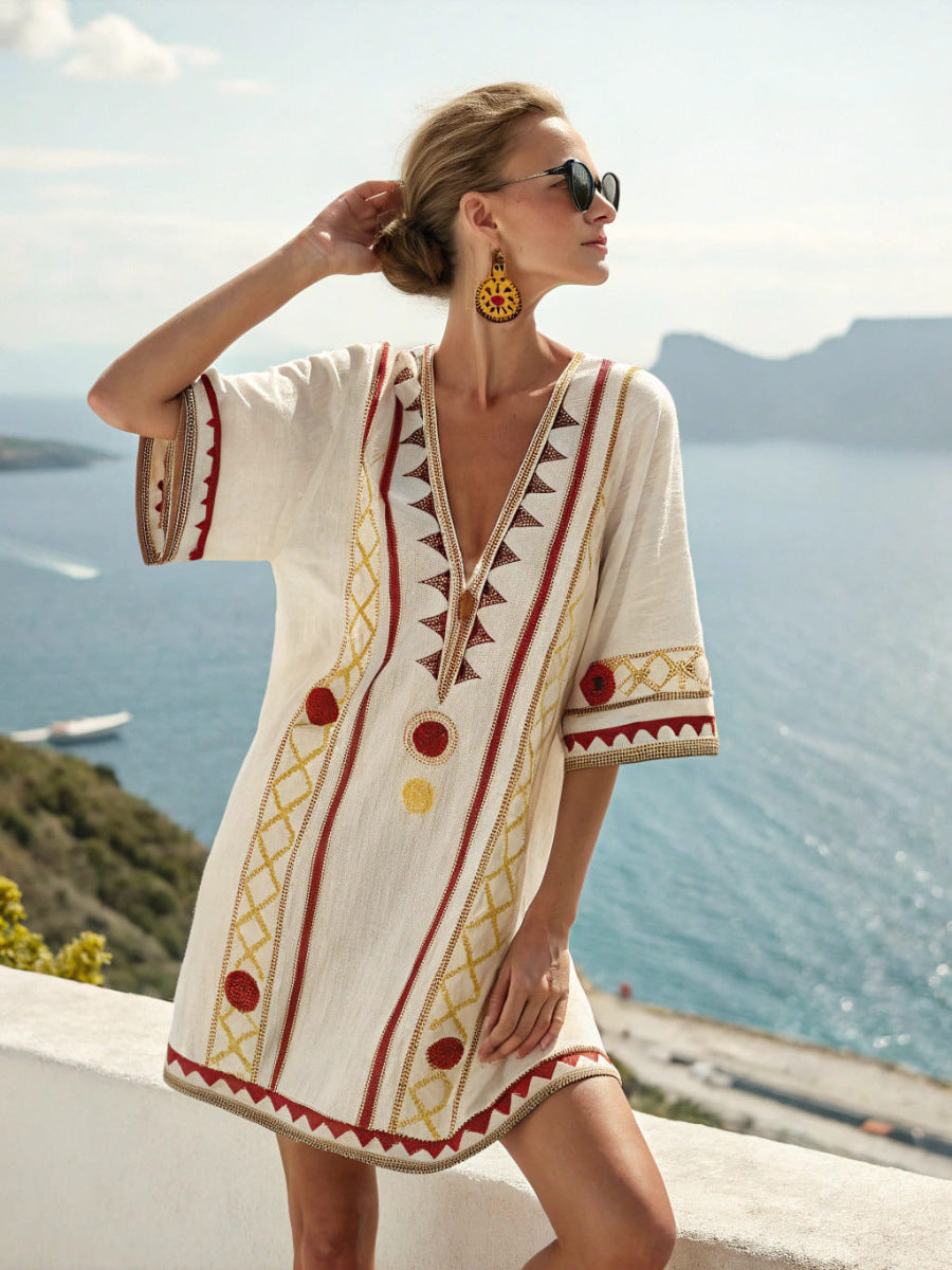 Floral Print V-Neck Boho Umbrella Dress Loose Fit Nine-Quarter Sleeve Casual Wear