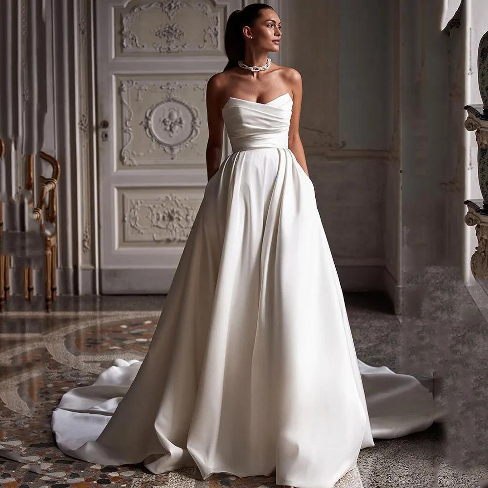 French cross-border satin strapless wedding dress, new high-end trailing travel shoot, vintage foreign trade Amazon evening gown, elegant style