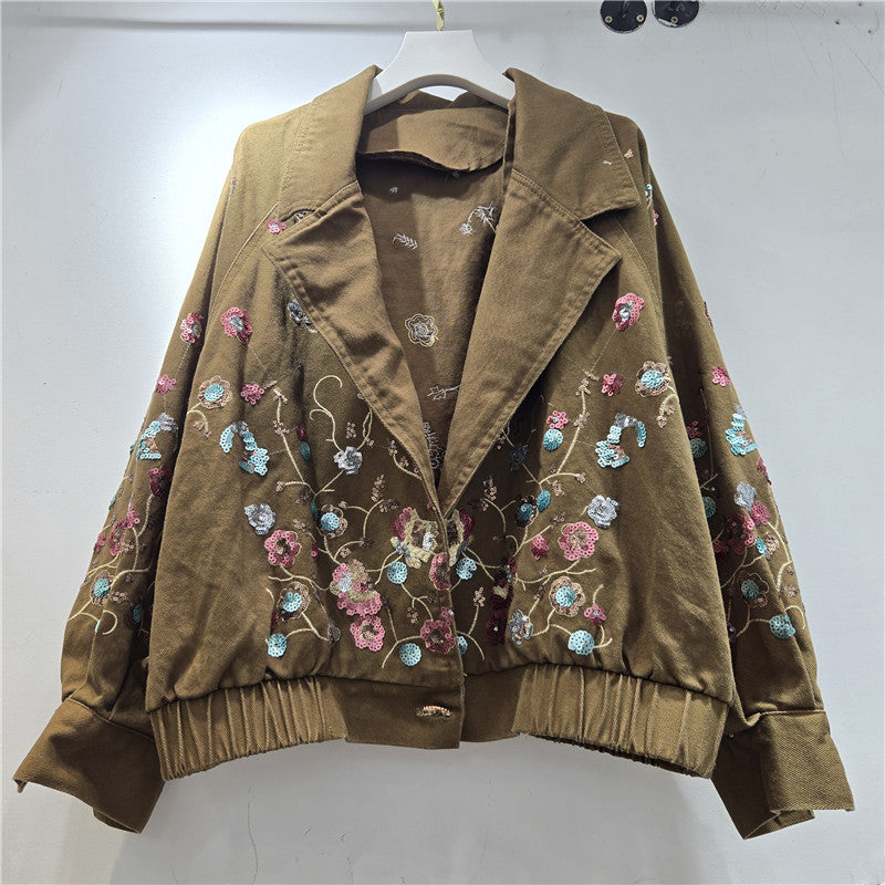 Retro Floral Sequin Denim Jacket