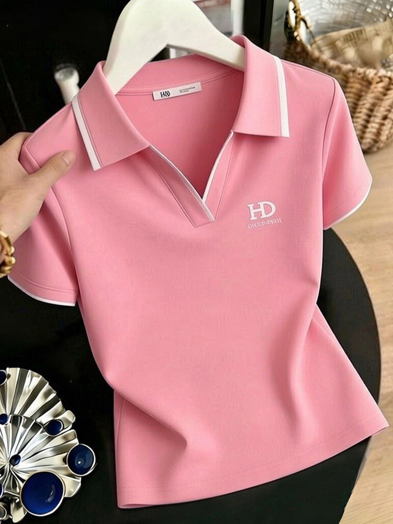 High-quality summer trendy turn-down collar short-sleeve T-shirt women's 2026 new minimalist, chic, youthful top T-shirt