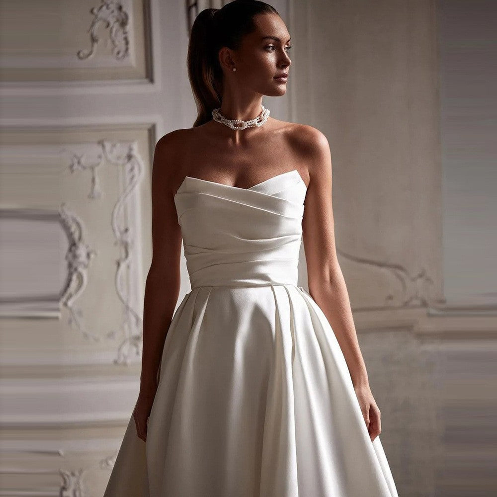 French cross-border satin strapless wedding dress, new high-end trailing travel shoot, vintage foreign trade Amazon evening gown, elegant style