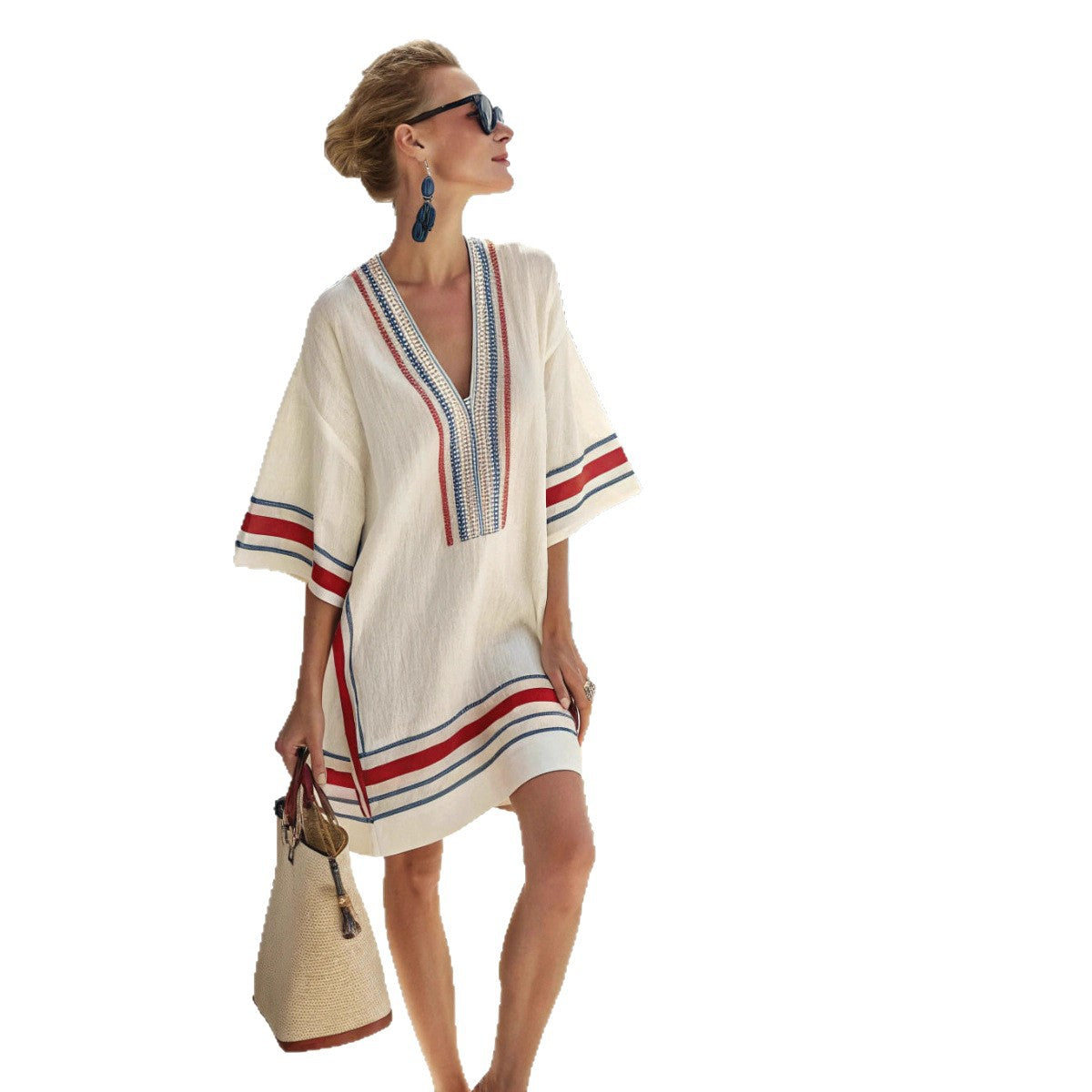 Floral Print V-Neck Boho Umbrella Dress Loose Fit Nine-Quarter Sleeve Casual Wear