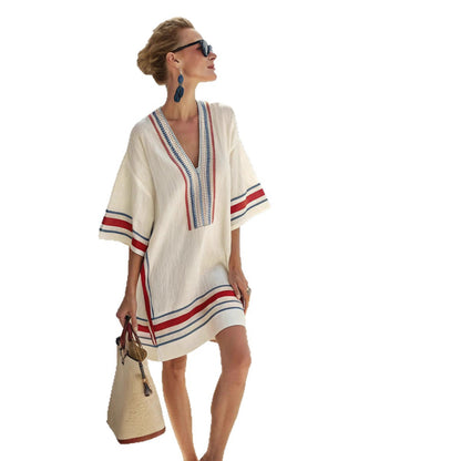 Floral Print V-Neck Boho Umbrella Dress Loose Fit Nine-Quarter Sleeve Casual Wear