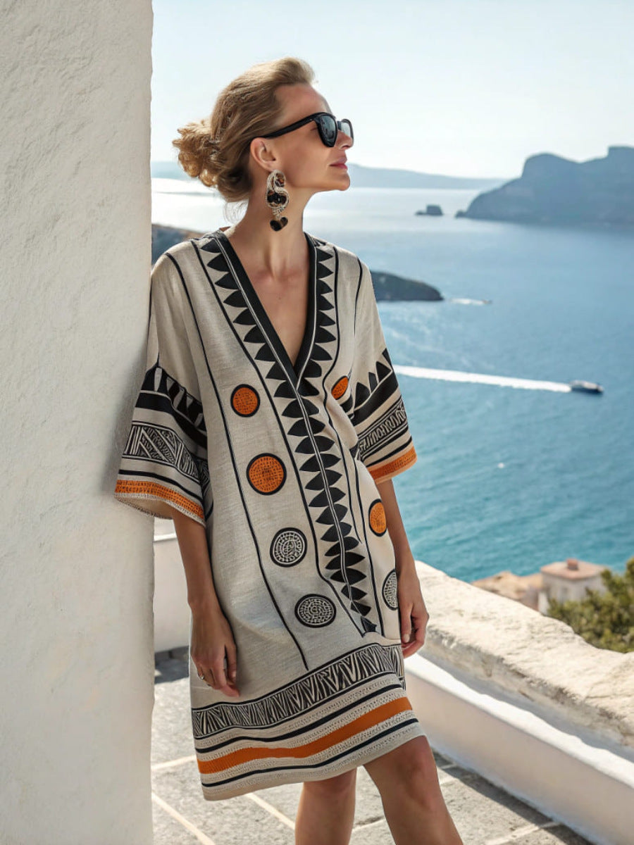 Floral Print V-Neck Boho Umbrella Dress Loose Fit Nine-Quarter Sleeve Casual Wear