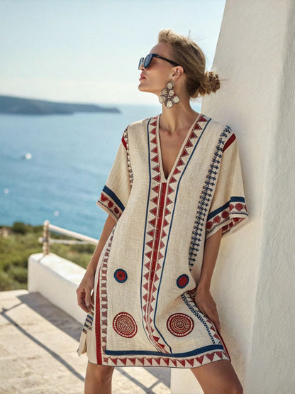 Floral Print V-Neck Boho Umbrella Dress Loose Fit Nine-Quarter Sleeve Casual Wear