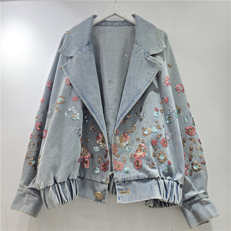 Retro Floral Sequin Denim Jacket