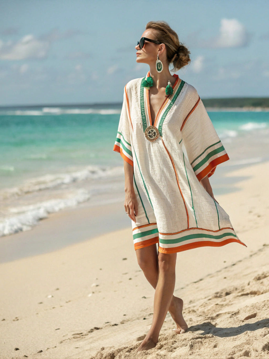 Floral Print V-Neck Boho Umbrella Dress Loose Fit Nine-Quarter Sleeve Casual Wear