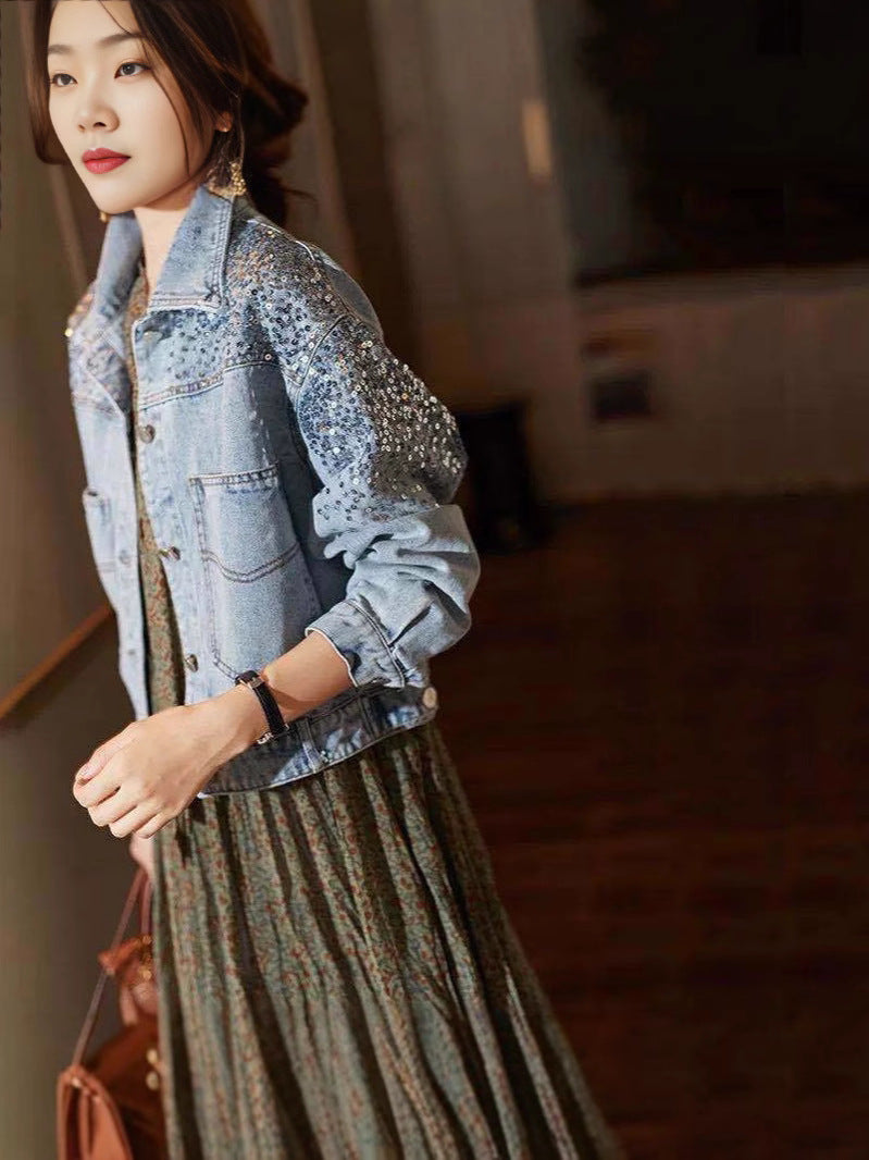 Foreign Trade Southeast Asia Spring/Summer New Fashion Sequin Denim Jacket for Women, Europe Station Short Loose Jacket Top Trendy