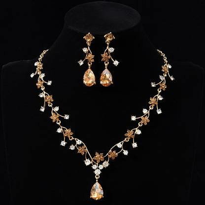 New fashion temperament flower zircon super flash necklace earring set bridal dress necklace jewelry in stock wholesale