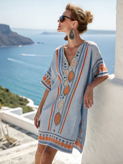 Floral Print V-Neck Boho Umbrella Dress Loose Fit Nine-Quarter Sleeve Casual Wear