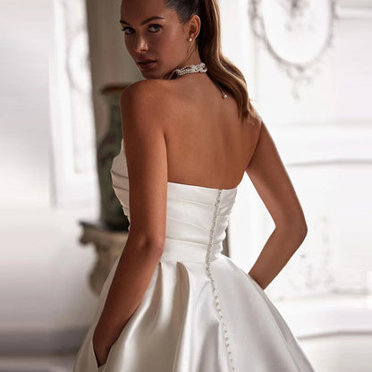 French cross-border satin strapless wedding dress, new high-end trailing travel shoot, vintage foreign trade Amazon evening gown, elegant style