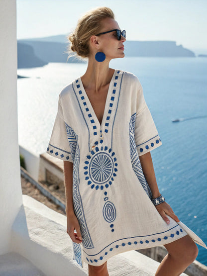 Floral Print V-Neck Boho Umbrella Dress Loose Fit Nine-Quarter Sleeve Casual Wear
