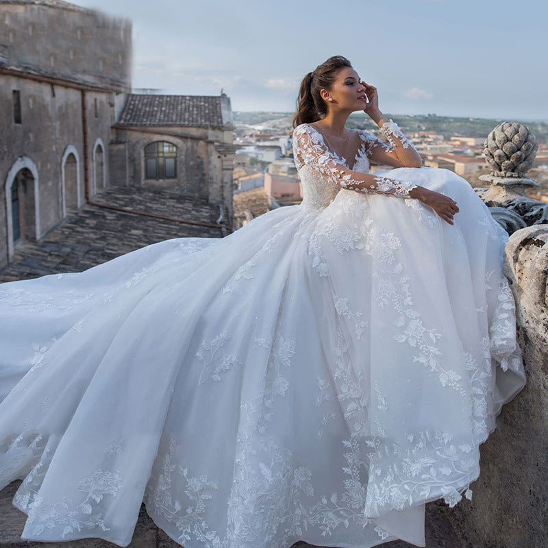 Classic Long Sleeve 3D Lace Wedding Dress – Pure White & Ivory Floor-Length Bridal Gown