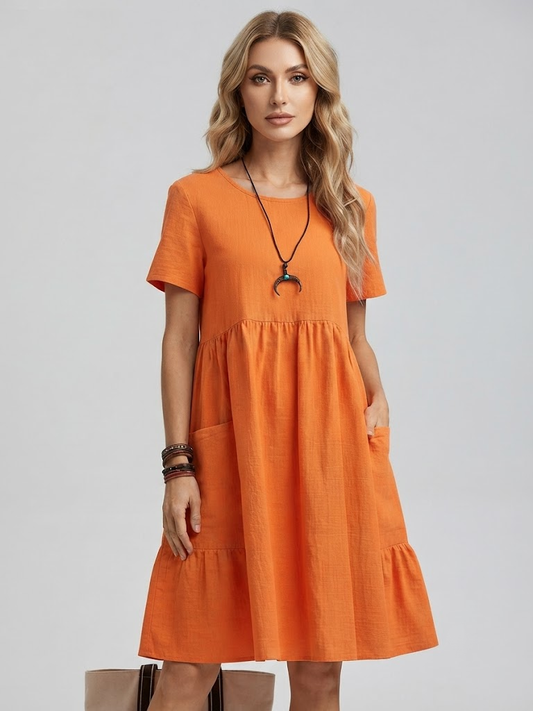 Women's Casual Cotton-Linen Pleated Midi Dress