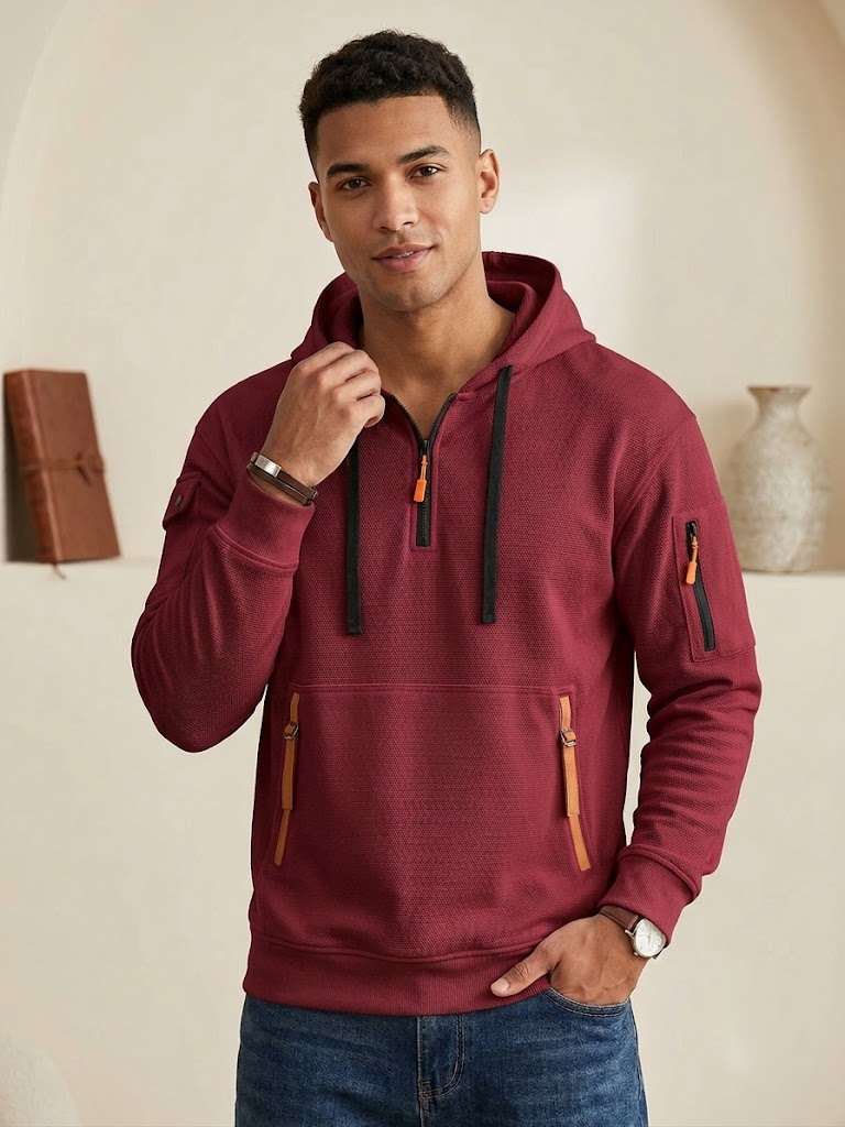 Men's Multi-Pocket Athleisure Hoodie  Fleece-Lined Loose Pullover Jacket
