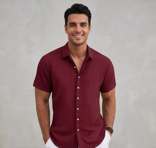 Men's Casual Cotton Linen Short Sleeve Shirt - Loose & Breathable Jacquard Casual Top