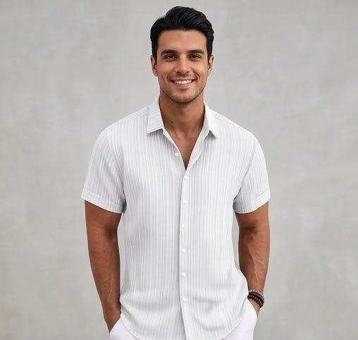Men's Casual Cotton Linen Short Sleeve Shirt - Loose & Breathable Jacquard Casual Top