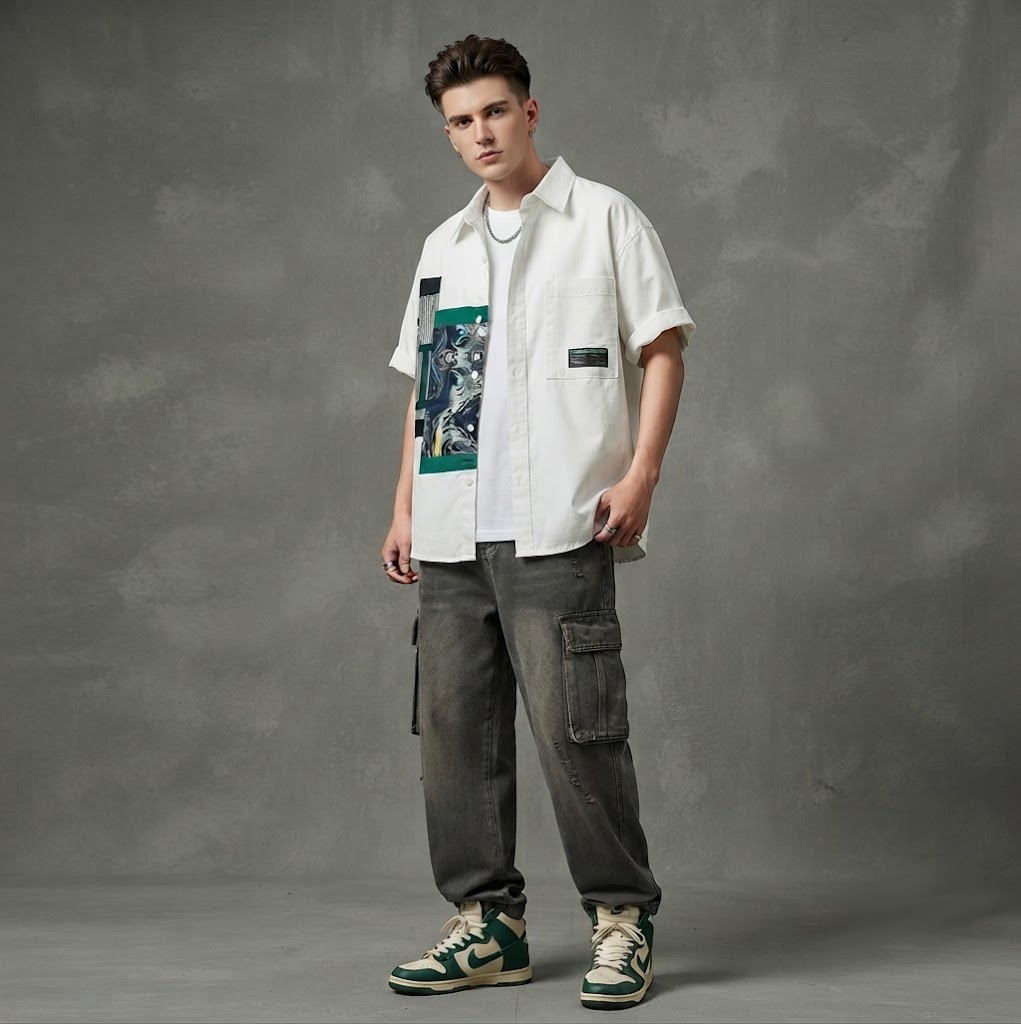Men’s Abstract Patchwork Short Sleeve Casual Shirt