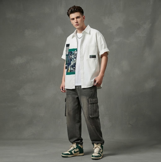 Men’s Abstract Patchwork Short Sleeve Casual Shirt