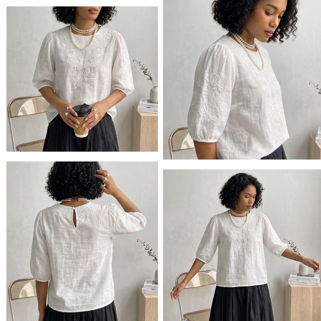 Floral Embroidered Cotton Blouse - Elegant Crewneck Half Sleeve Pullover Top