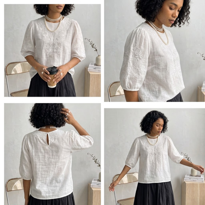 Floral Embroidered Cotton Blouse - Elegant Crewneck Half Sleeve Pullover Top