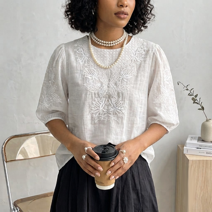 Floral Embroidered Cotton Blouse - Elegant Crewneck Half Sleeve Pullover Top