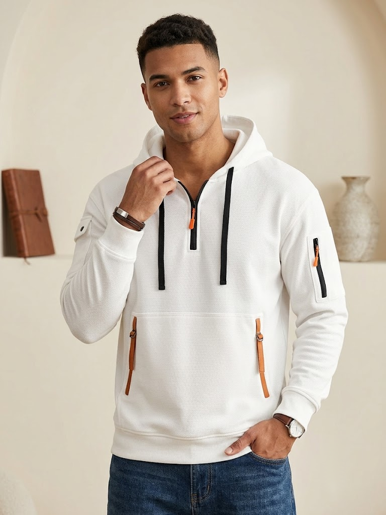 Men's Multi-Pocket Athleisure Hoodie  Fleece-Lined Loose Pullover Jacket