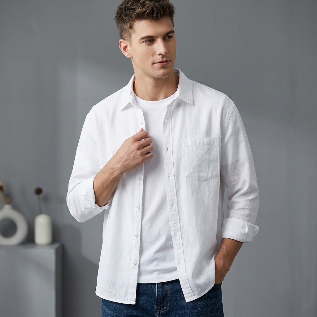 Men's Business Casual Cotton Linen Long Sleeve Spring Summer Shirt